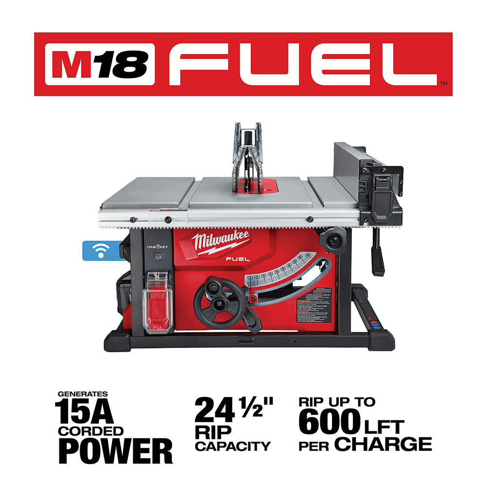 Milwaukee M18 FUEL red table saw with gray work surface, blade guard, wheel adjustment, and ONE-KEY wireless module on left s