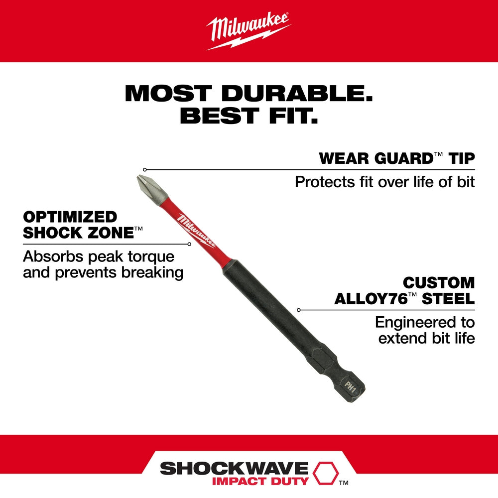 Two Milwaukee Shockwave 3-1/2" Phillips 2 impact bits with red shock zone band and black grip on white background.