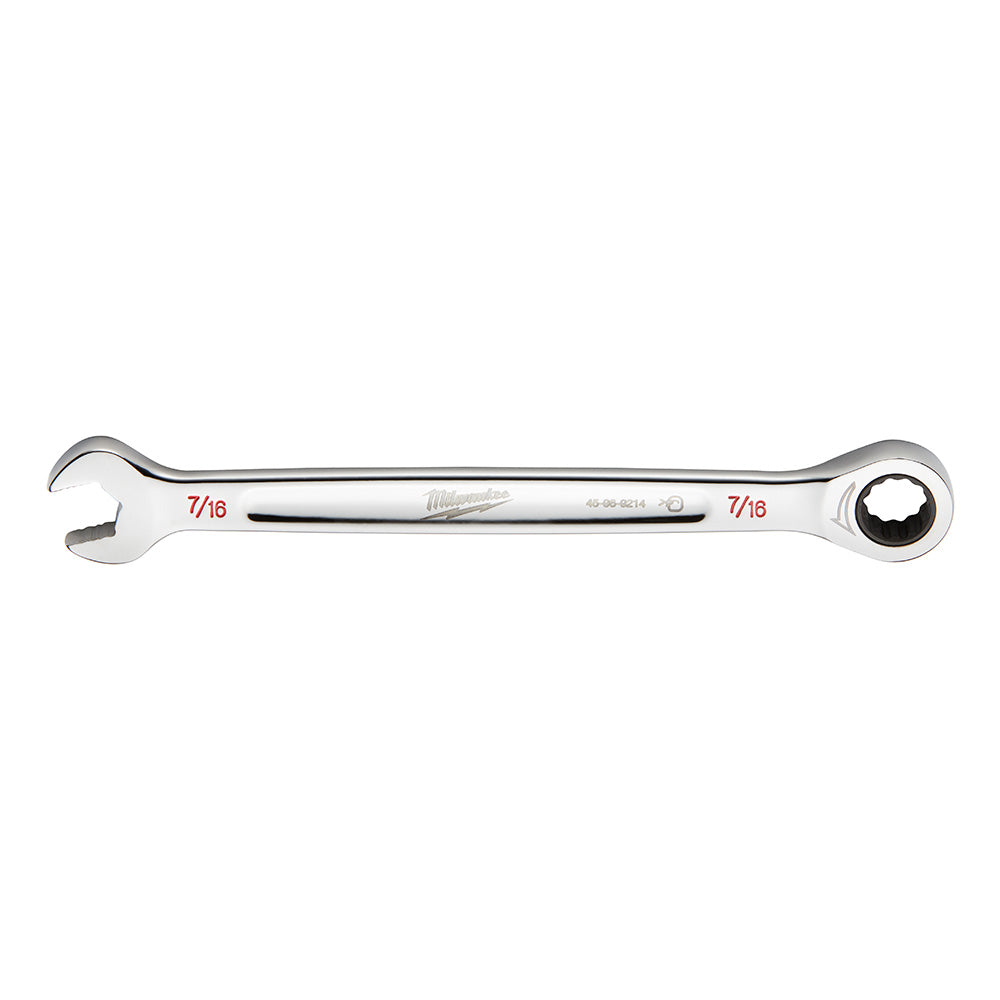 Silver ratcheting combination wrench with open wrench end on left and circular ratchet head on right, marked 7/16.