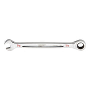 Silver ratcheting combination wrench with open wrench end on left and circular ratchet head on right, marked 7/16.