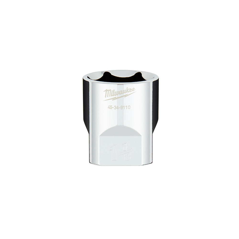 Chrome 1/2 in. drive socket with 6-point interior, four flat sides on exterior, and Milwaukee branding.