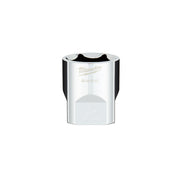 Chrome 1/2 in. drive socket with 6-point interior, four flat sides on exterior, and Milwaukee branding.
