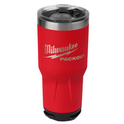 Red insulated tumbler with stainless steel rim, clear lid with black slider, and Milwaukee Packout branding.