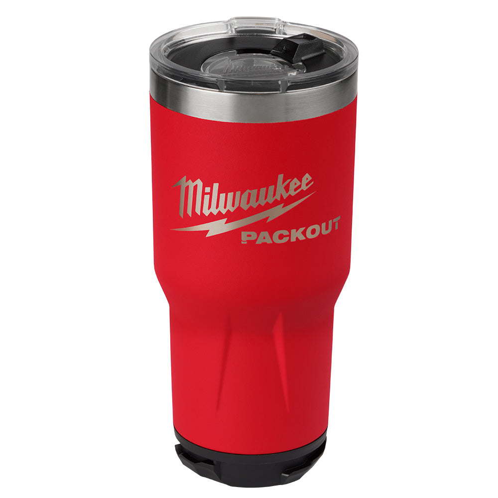 Red insulated tumbler with stainless steel rim, clear lid with black slider, and Milwaukee Packout branding.