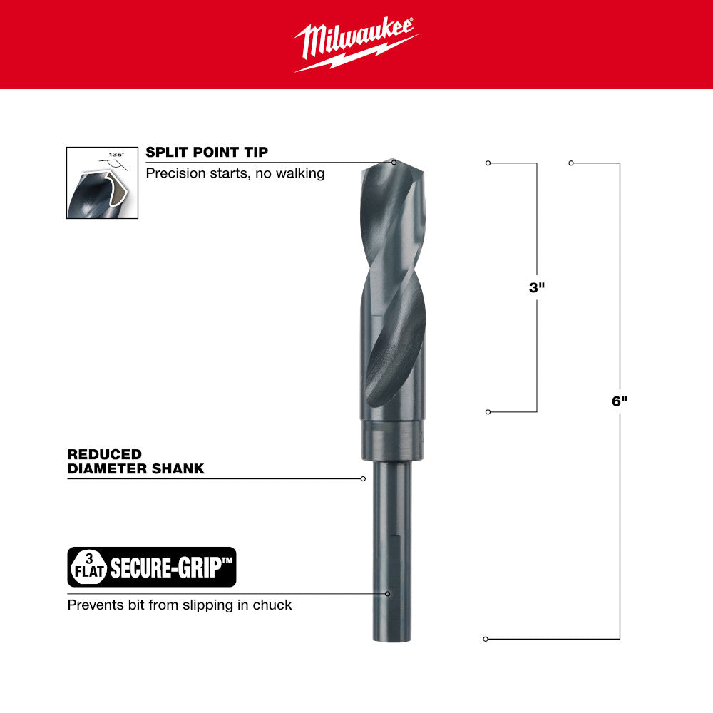 Black oxide drill bit with split point tip and reduced diameter shank, 9 inches total length.