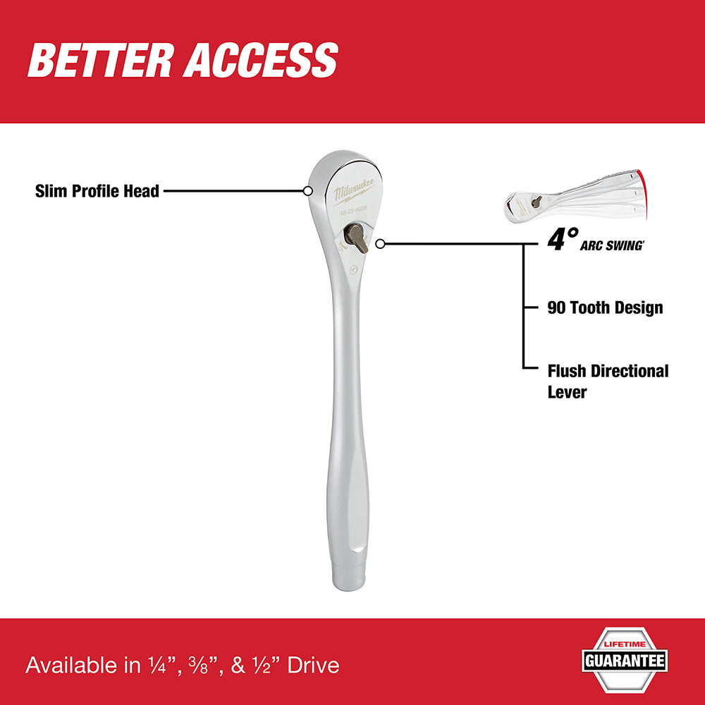 Milwaukee 3/8 in. drive ratchet with slim profile head, 90 tooth design, and 4° arc swing.