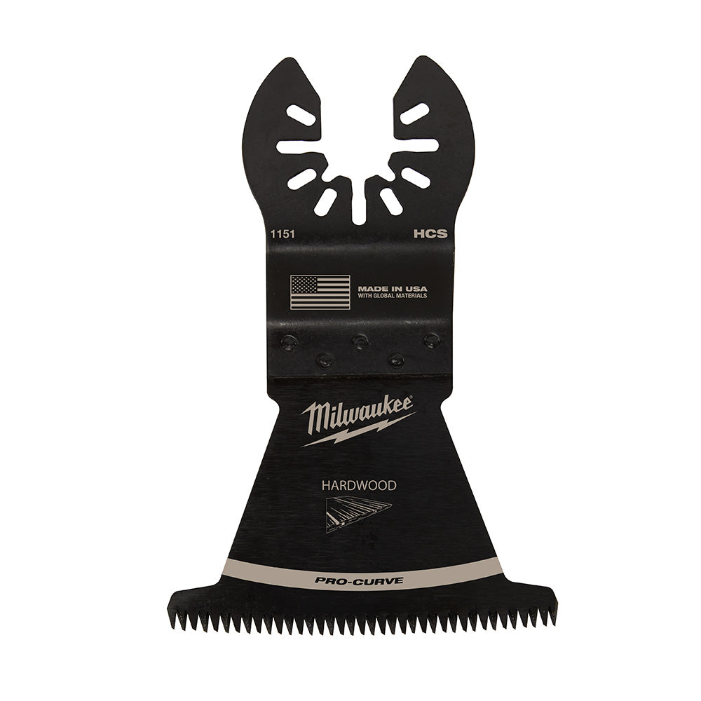 Black Milwaukee oscillating saw blade with curved top, ventilation slots, and serrated cutting edge for hardwood.
