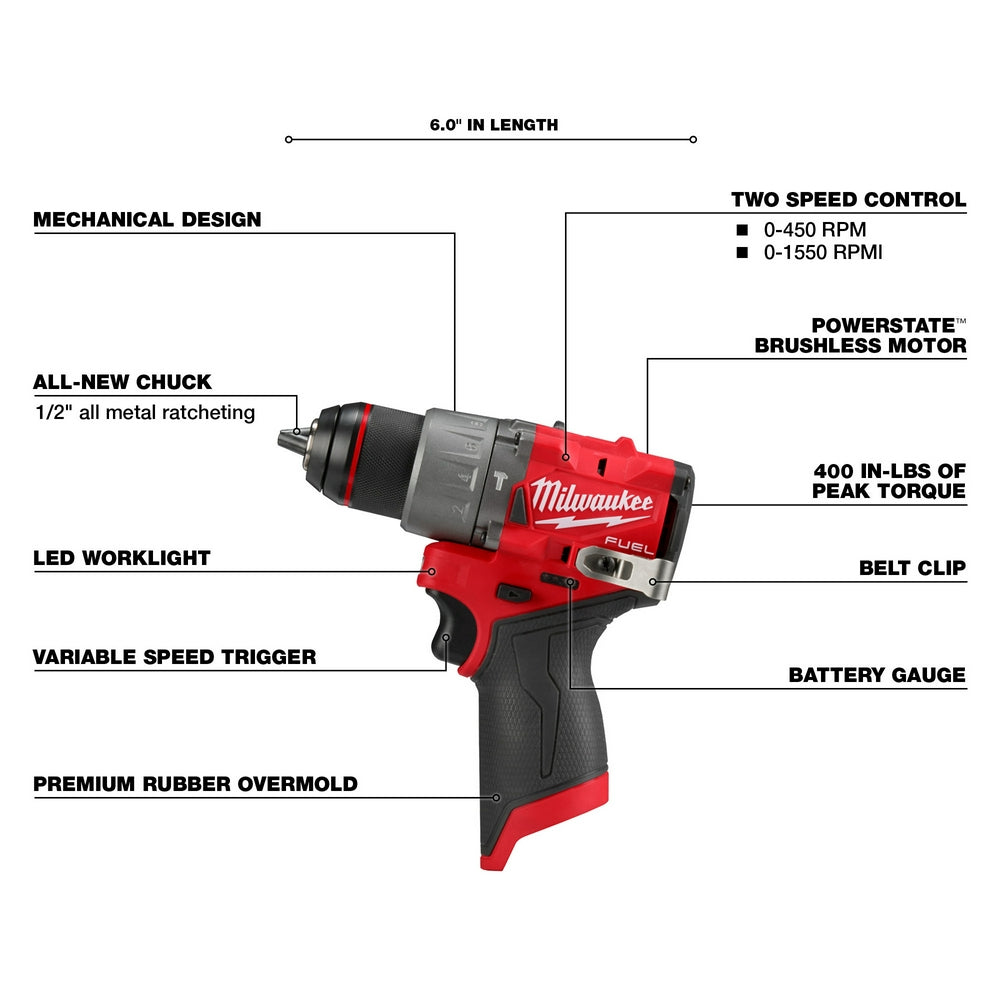 Red and black Milwaukee M12 FUEL hammer drill/driver with 1/2" chuck, LED worklight, and variable speed trigger.