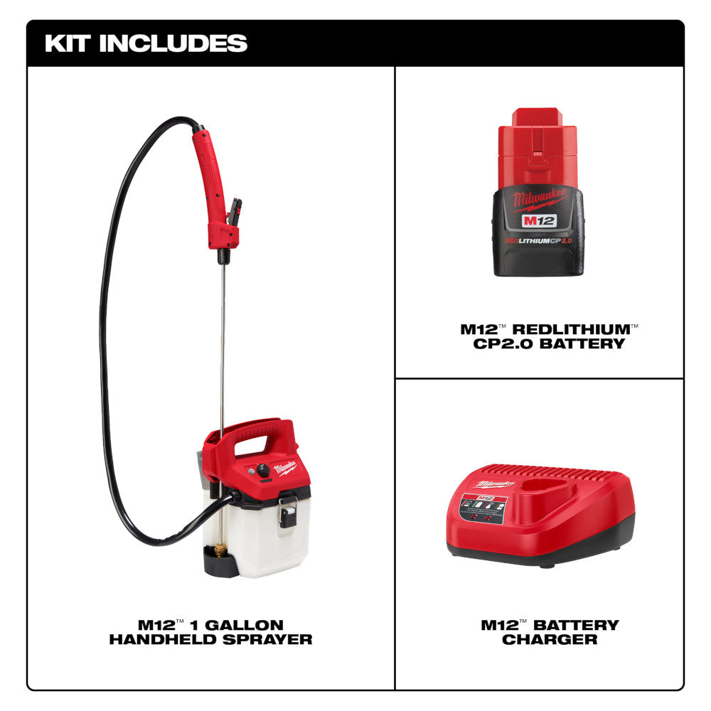 Red and black M12 handheld sprayer with white tank, CP2.0 battery, and charger included in kit.