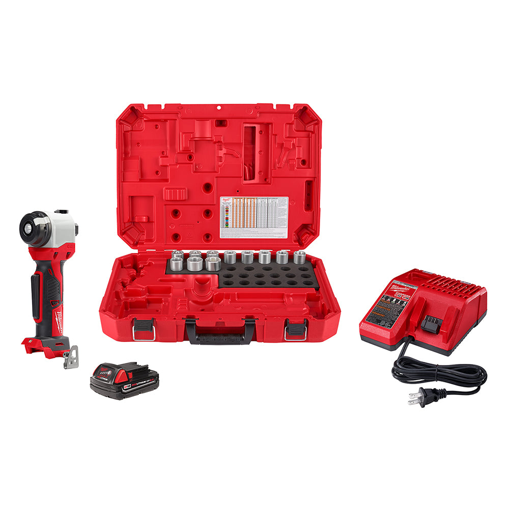 Milwaukee M18 cable stripper kit with red case, cordless tool, die set, battery, and charger.