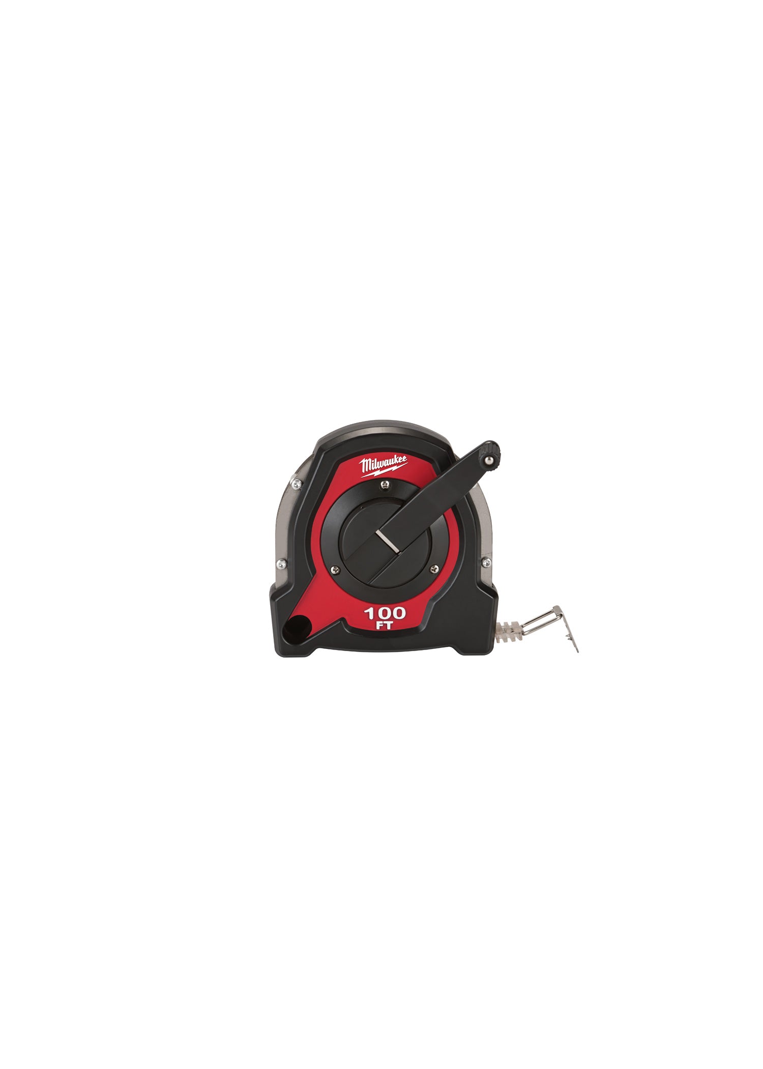 Milwaukee closed reel tape measure with red and black housing, 100 ft capacity, and extended tape visible.