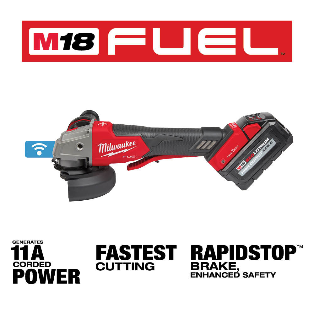 Milwaukee M18 FUEL cordless angle grinder with red and black body, paddle switch, and battery attached to side.
