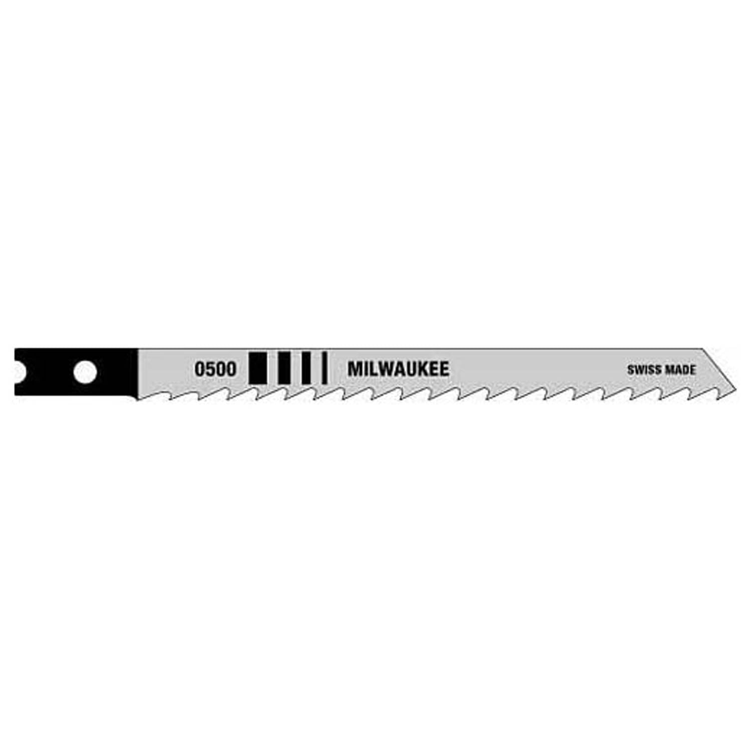 Milwaukee 48-42-0500 jig saw blade with black shank, metal body labeled 0500, and fine teeth along cutting edge.