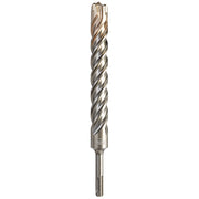 SDS+ rotary hammer drill bit with spiral flutes and cylindrical shank against white background.