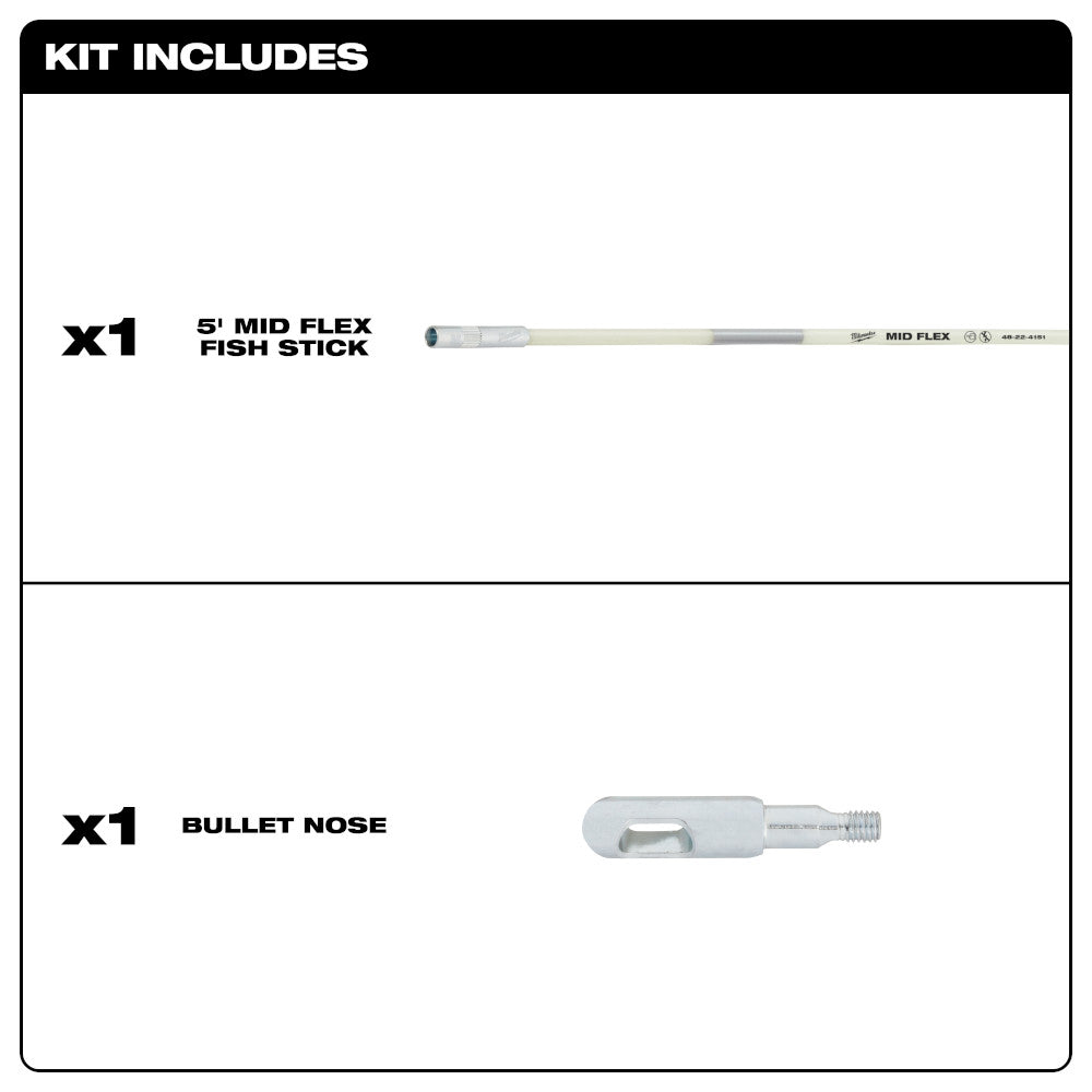 5-foot mid flex fish stick with gray handle and detachable bullet nose attachment shown separately.