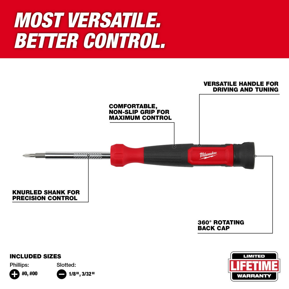 Milwaukee precision screwdriver with red and black handle, knurled shank, and rotating back cap with four interchangeable bit
