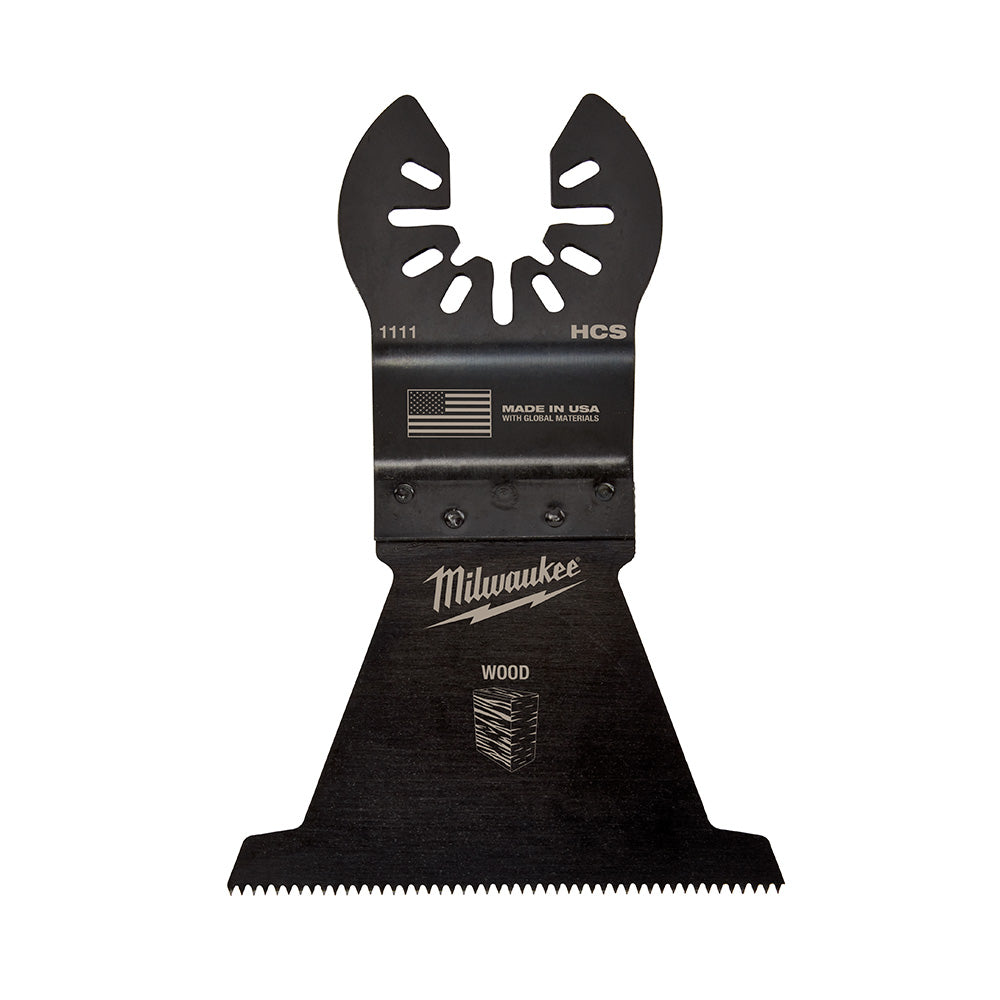 Milwaukee OPEN-LOK HCS wood cutting blade with serrated bottom edge and mounting slots, black metal construction.