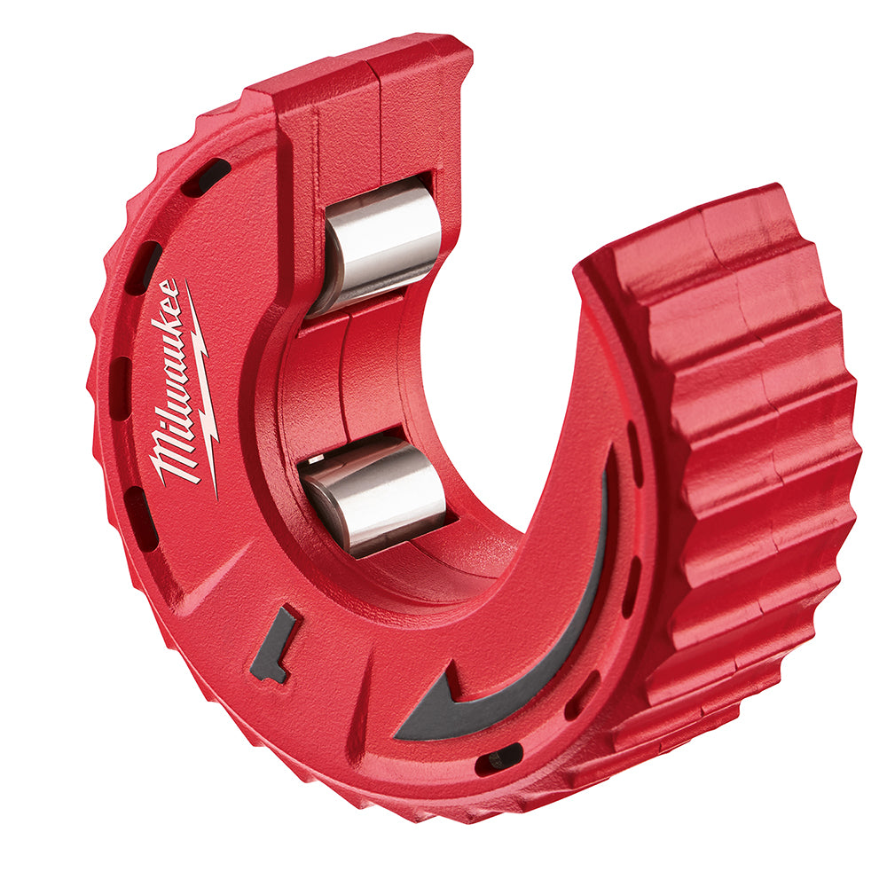 Red Milwaukee tubing cutter with two cylindrical cutting wheels and ergonomic grip handles.