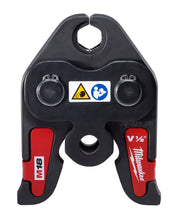 Black and red Milwaukee press jaw with two circular ports, center opening, warning labels, and V½ inch sizing marking.