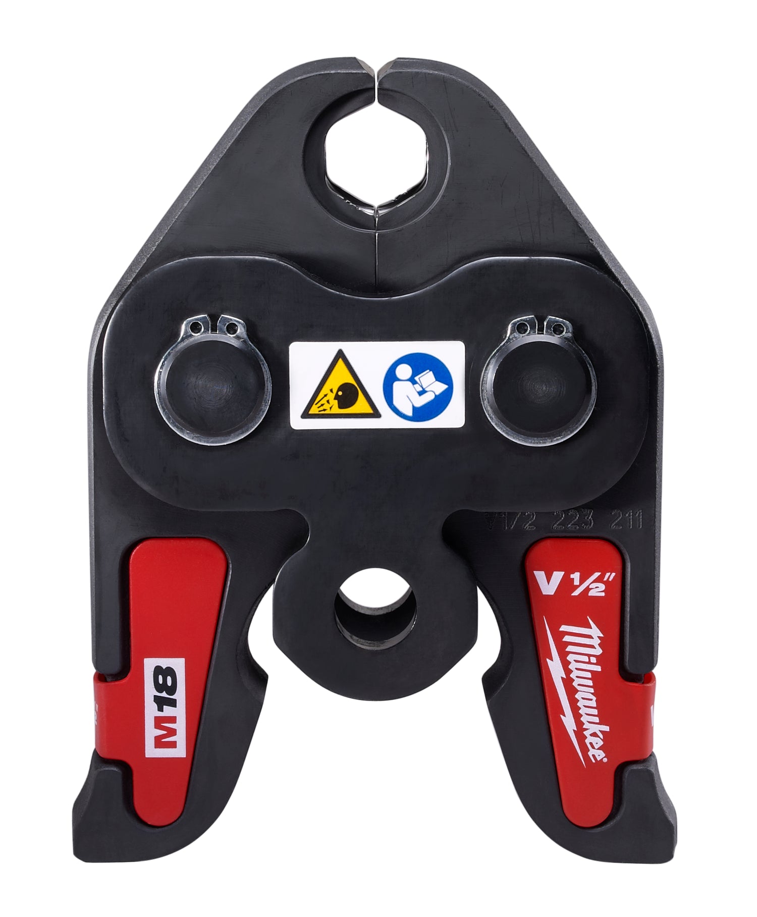 Black and red Milwaukee press jaw with two circular ports, center opening, warning labels, and V½ inch sizing marking.