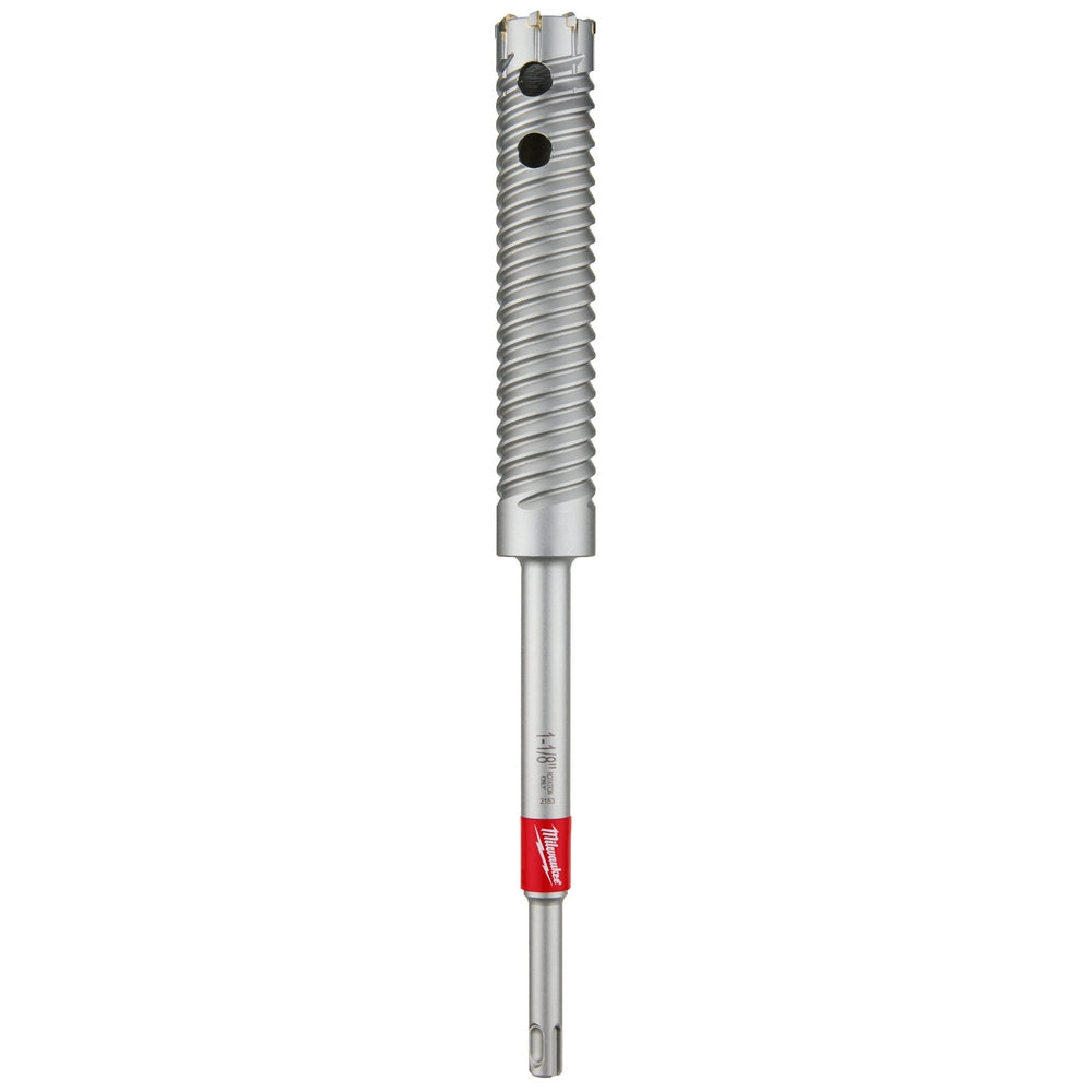 Silver SDS Plus rebar cutter bit with spiraled flutes, cutting head at top, and red band near shaft base.
