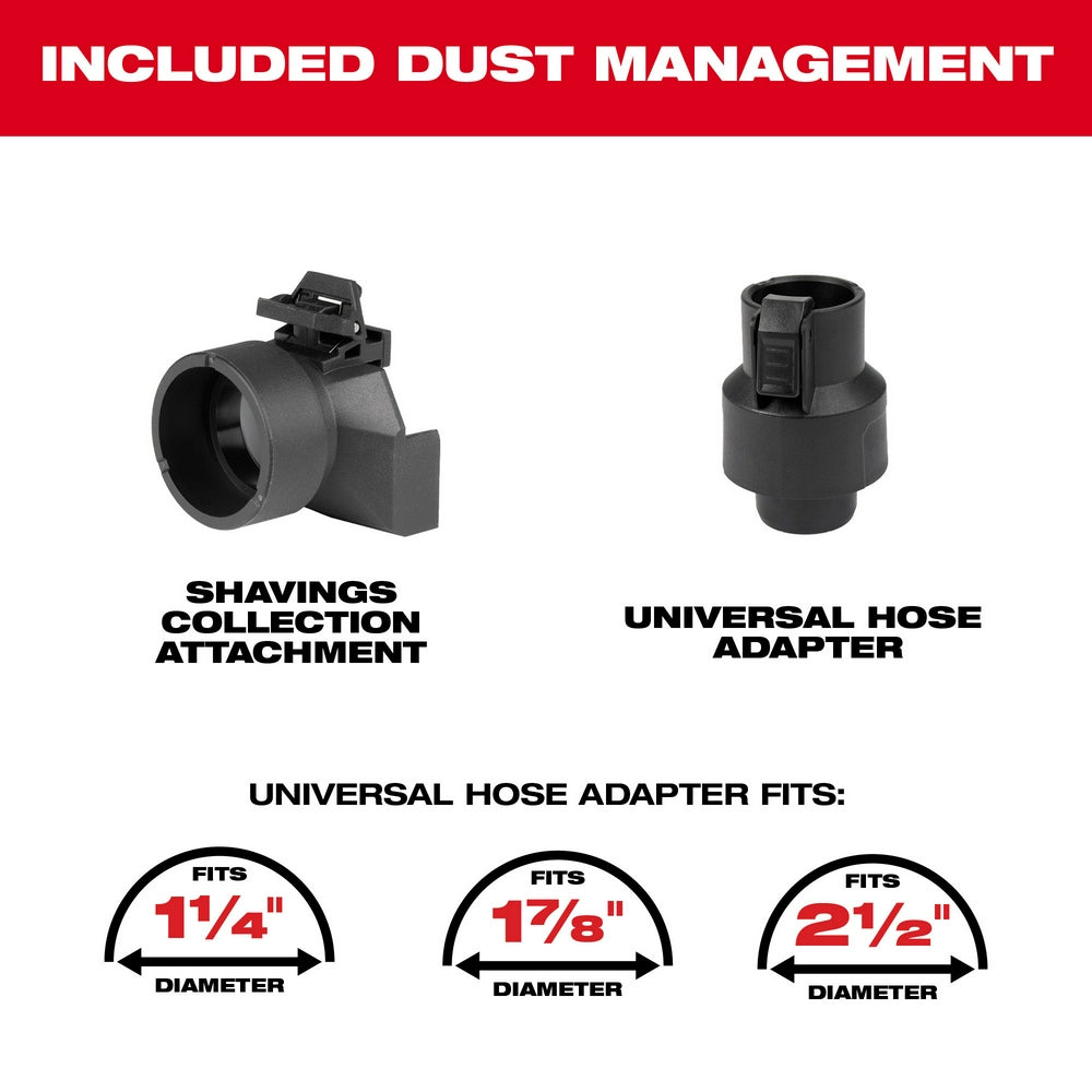 Black dust collection shavings attachment and universal hose adapter for M12 planer with three diameter fitting options.