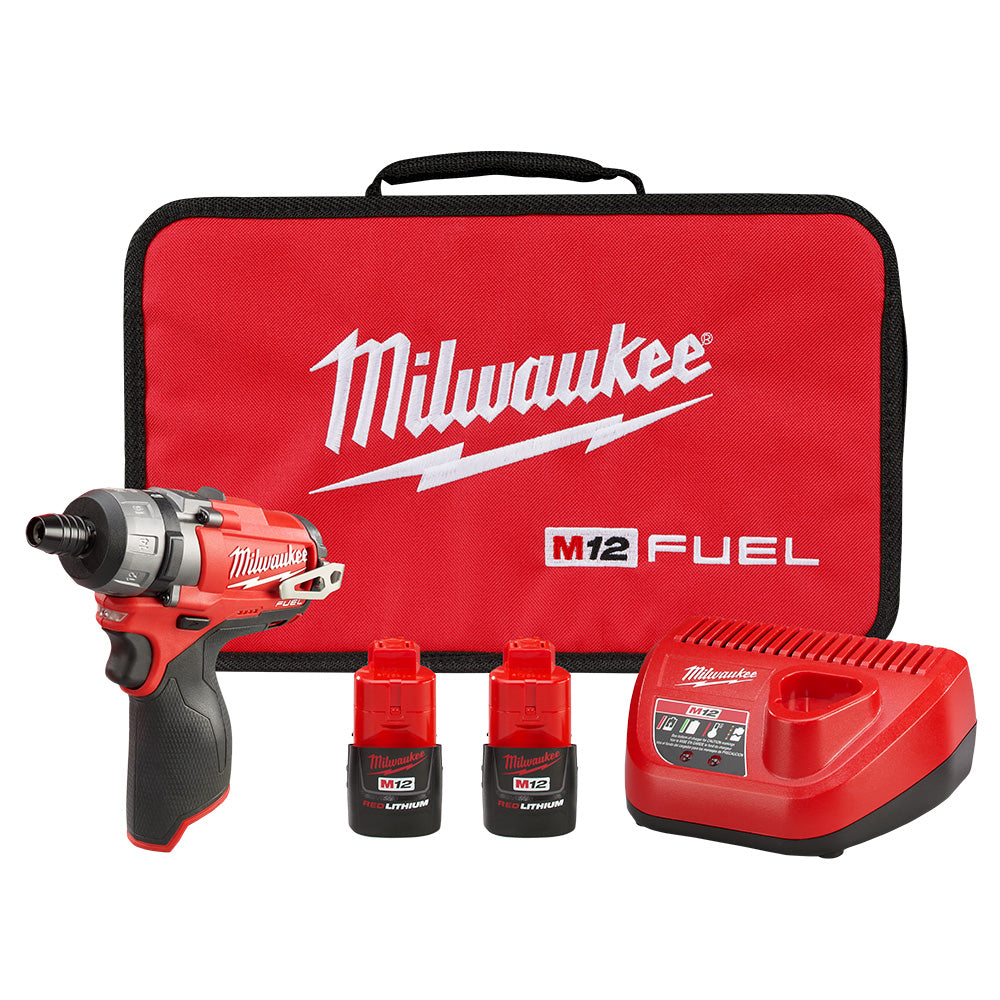 Red and black M12 FUEL cordless screwdriver with two batteries, charger, and carrying case.