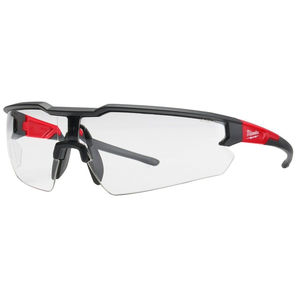 Milwaukee safety glasses with black frame, red temple accents, and clear lenses.