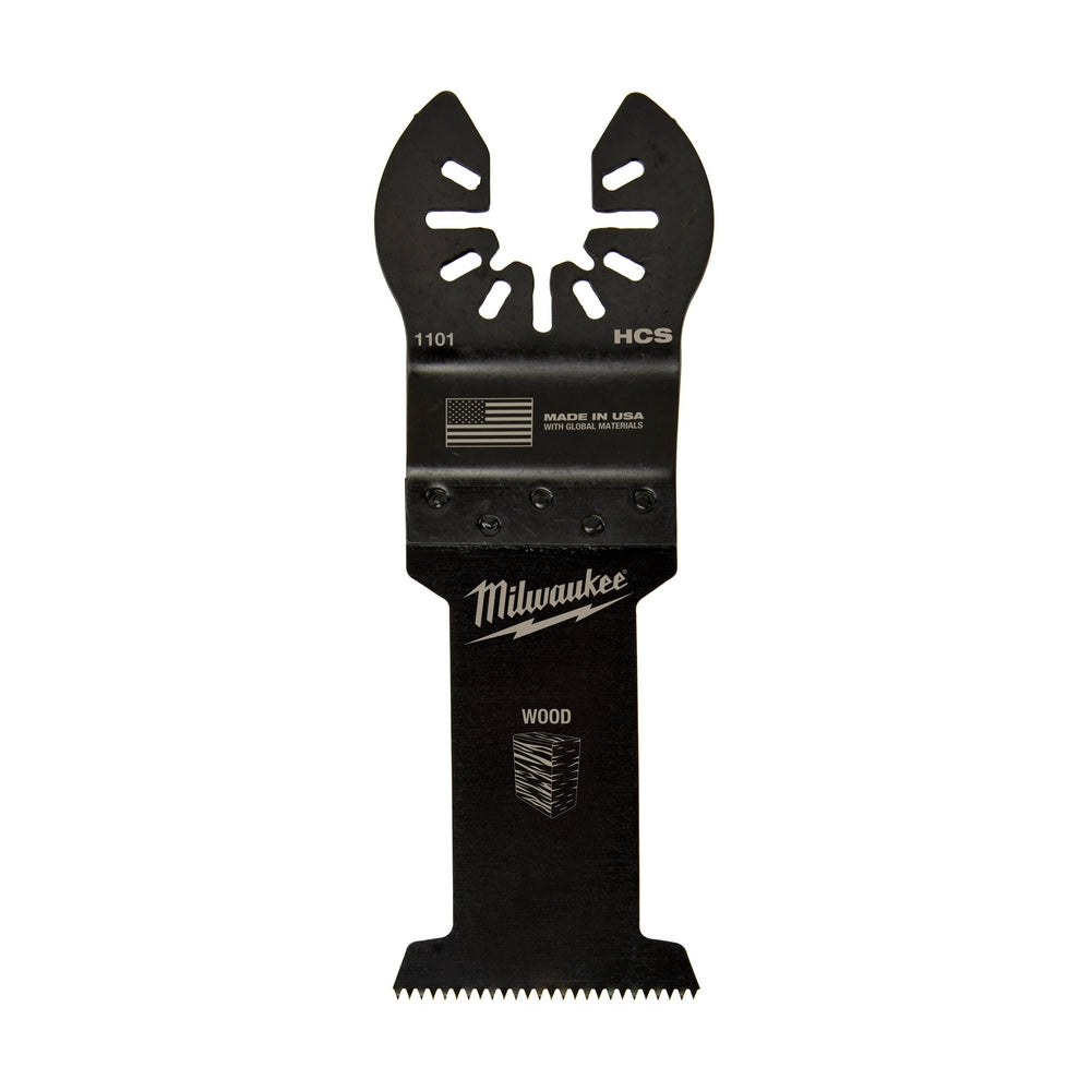 Milwaukee OPEN-LOK 3-1/2" HCS segmented wood cutting blade with black metal construction and fine teeth.