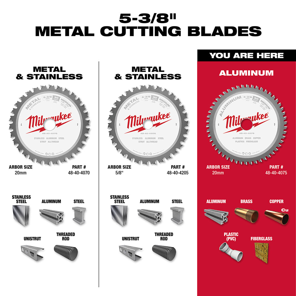 Milwaukee 5-3/8 inch circular saw blade with 50 teeth and 20mm arbor for non-ferrous metal cutting.