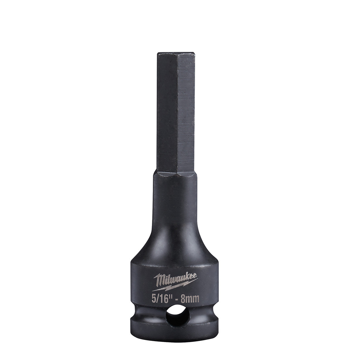 Black Milwaukee Shockwave hex bit socket with 3/8 inch drive and 5/16 inch - 8mm hex bit head.