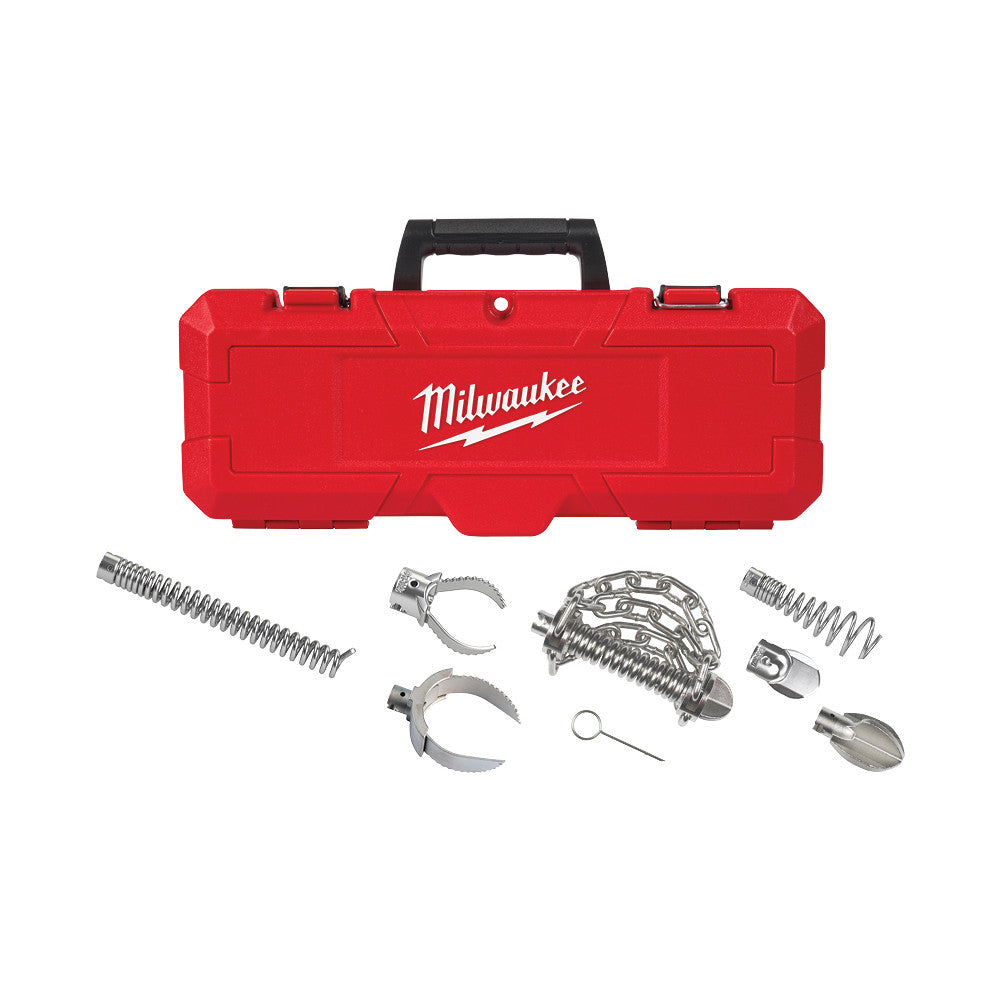 Red Milwaukee case containing sectional cable head attachments including springs, clamps, and metal accessories.