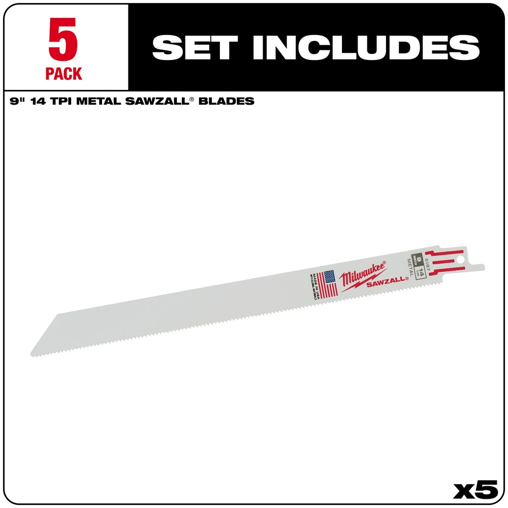 Five Milwaukee 9-inch SAWZALL reciprocating saw blades with 14 teeth per inch for metal cutting.