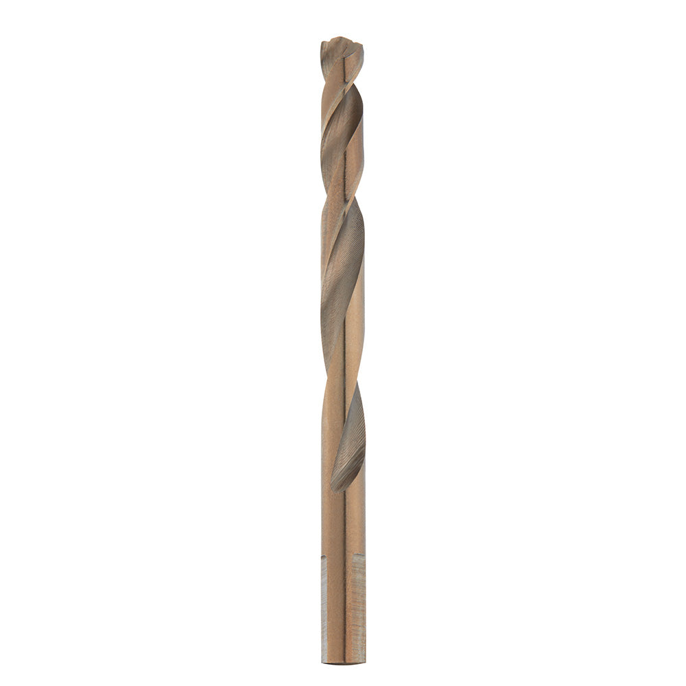 Cobalt twist drill bit with bronze metallic finish and spiral flutes along cylindrical shaft.