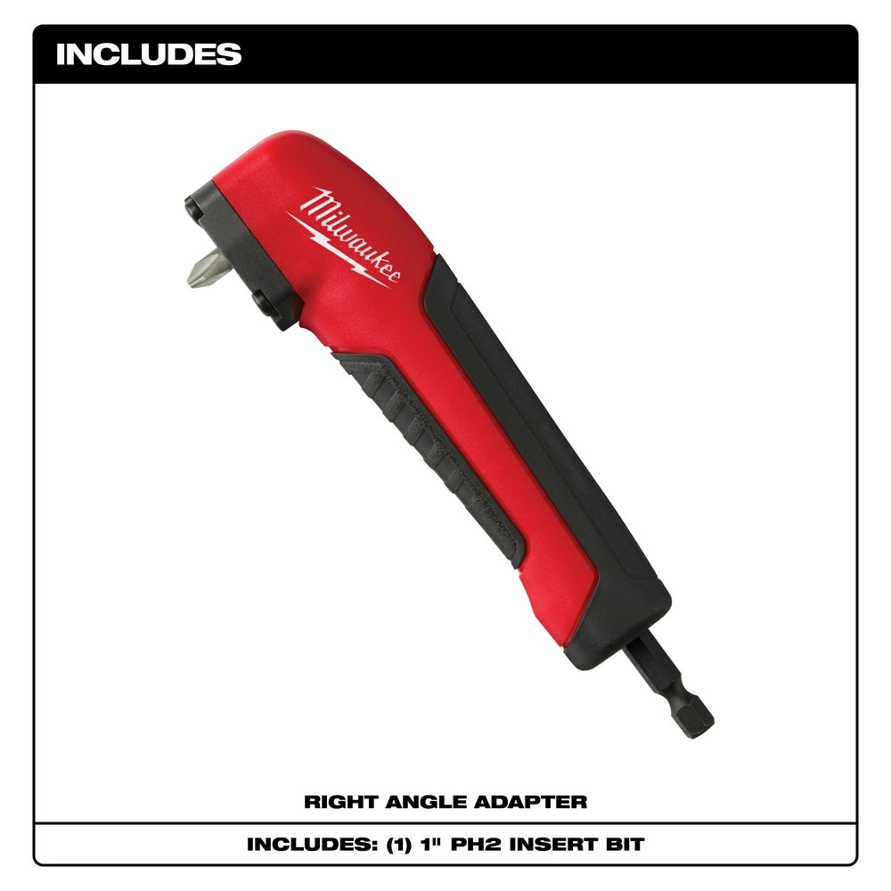 Red and black Milwaukee right angle adapter with bit insert attachment and hex drive connection.
