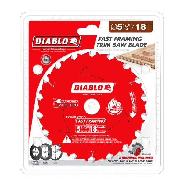 Red Diablo circular saw blade with 18 white teeth on packaging with product specifications and wooden boards visible.
