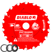 Red circular saw blade with 18 silver-tipped teeth, 5.5 inch diameter, 20mm arbor hole, labeled for framing construction.