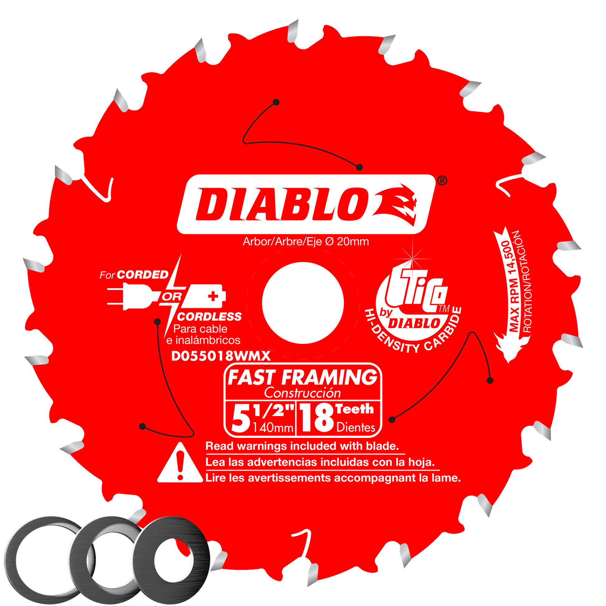 Red circular saw blade with 18 silver-tipped teeth, 5.5 inch diameter, 20mm arbor hole, labeled for framing construction.