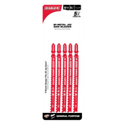 Five red Diablo bi-metal jig saw blades with text and specifications on packaging.