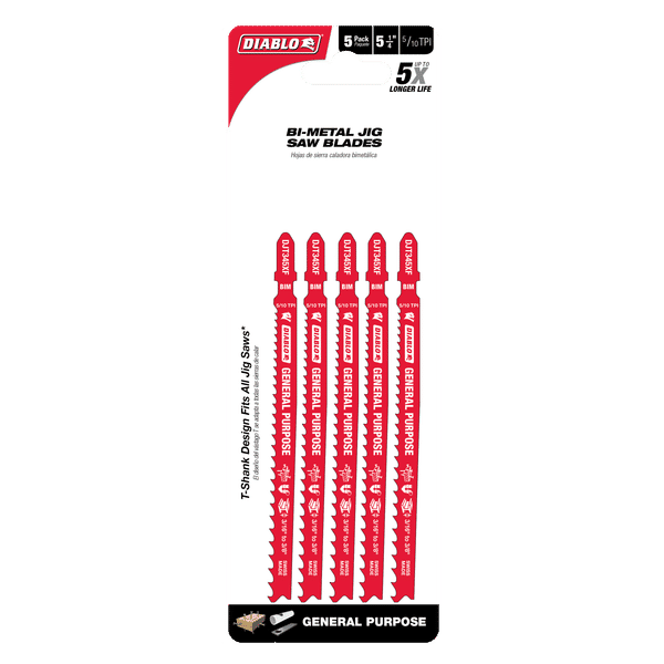 Five red Diablo bi-metal jig saw blades with text and specifications on packaging.