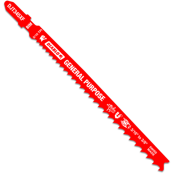 Red bi-metal jig saw blade with teeth along the cutting edge and text printed on the surface.