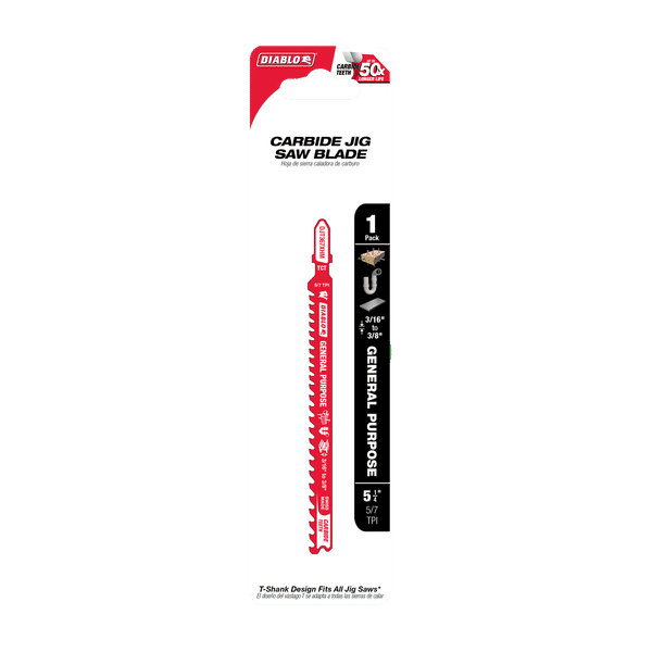Diablo carbide jig saw blade with red handle and black packaging sleeve displaying 5-1/4 inch length and 5/7 TPI specificatio