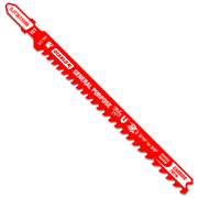 Red Diablo carbide jig saw blade with teeth along the cutting edge and product specifications printed on the body.