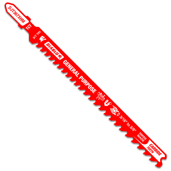 Red Diablo carbide jig saw blade with teeth along the cutting edge and product specifications printed on the body.