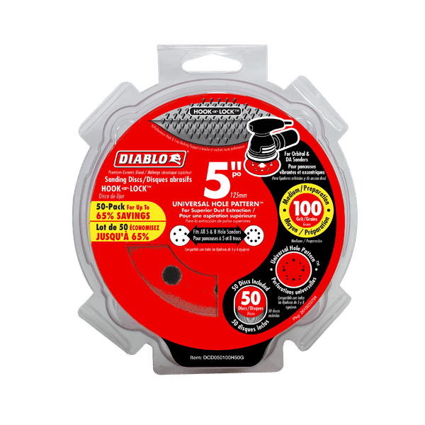 Diablo 5-inch Hook & Lock sanding discs, 100-grit, 50-pack in clear plastic clamshell packaging.
