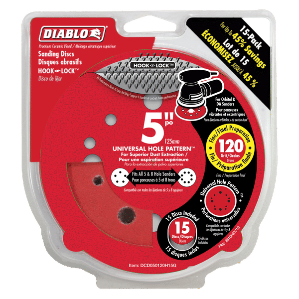 Red 5-inch Diablo sanding discs with hook-and-lock backing and universal hole pattern, 120-grit, 15-pack.