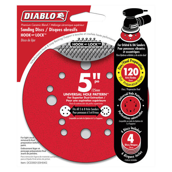 Red 5-inch sanding discs with hook-and-lock backing and universal hole pattern for orbital sanders, 120 grit, four-pack.