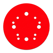 Red circular sanding disc with white hook and loop attachment holes arranged in pattern.