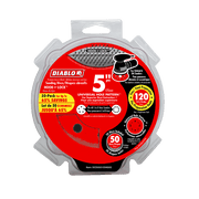 Pack of 50 Diablo 5-inch hook and lock sanding discs with 120-grit abrasive surface for random orbital sanders.