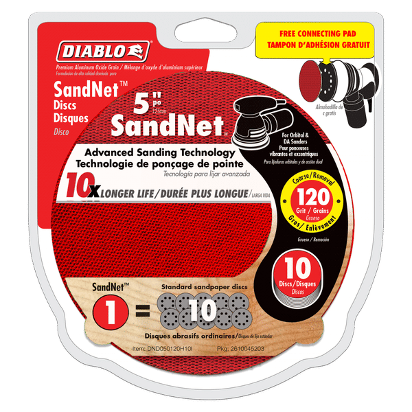 Red 5-inch SandNET sanding discs with 120 grit, packaged 10-pack with black connecting pad attached.